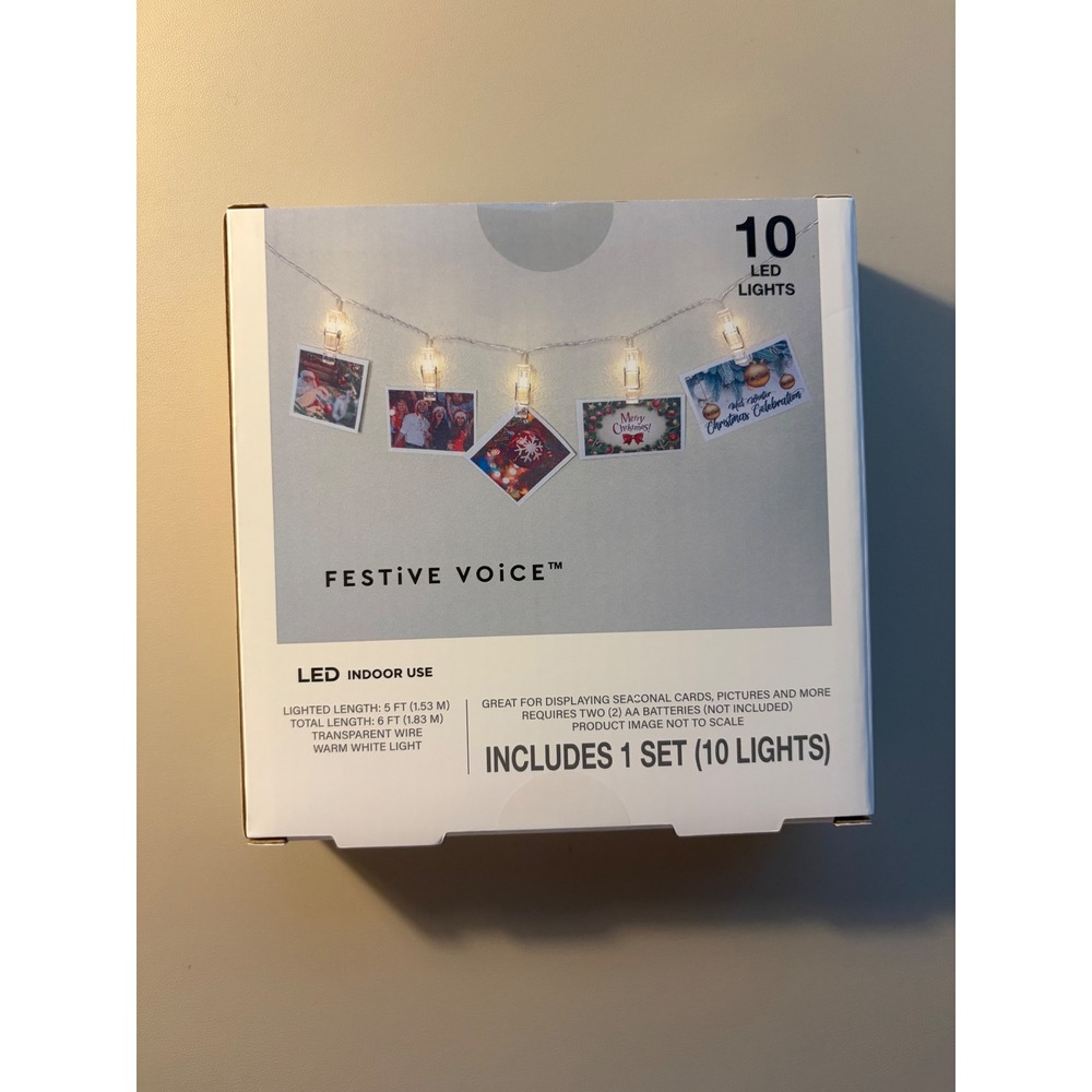Festive Voice 10 LED Clear Clip String Lights Warm White Battery Operated 6ft